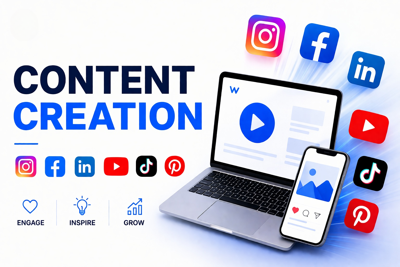 Content Creation — Web Growth Solution: Instagram, Facebook, LinkedIn, YouTube, TikTok, Pinterest — Engage, Inspire, Grow