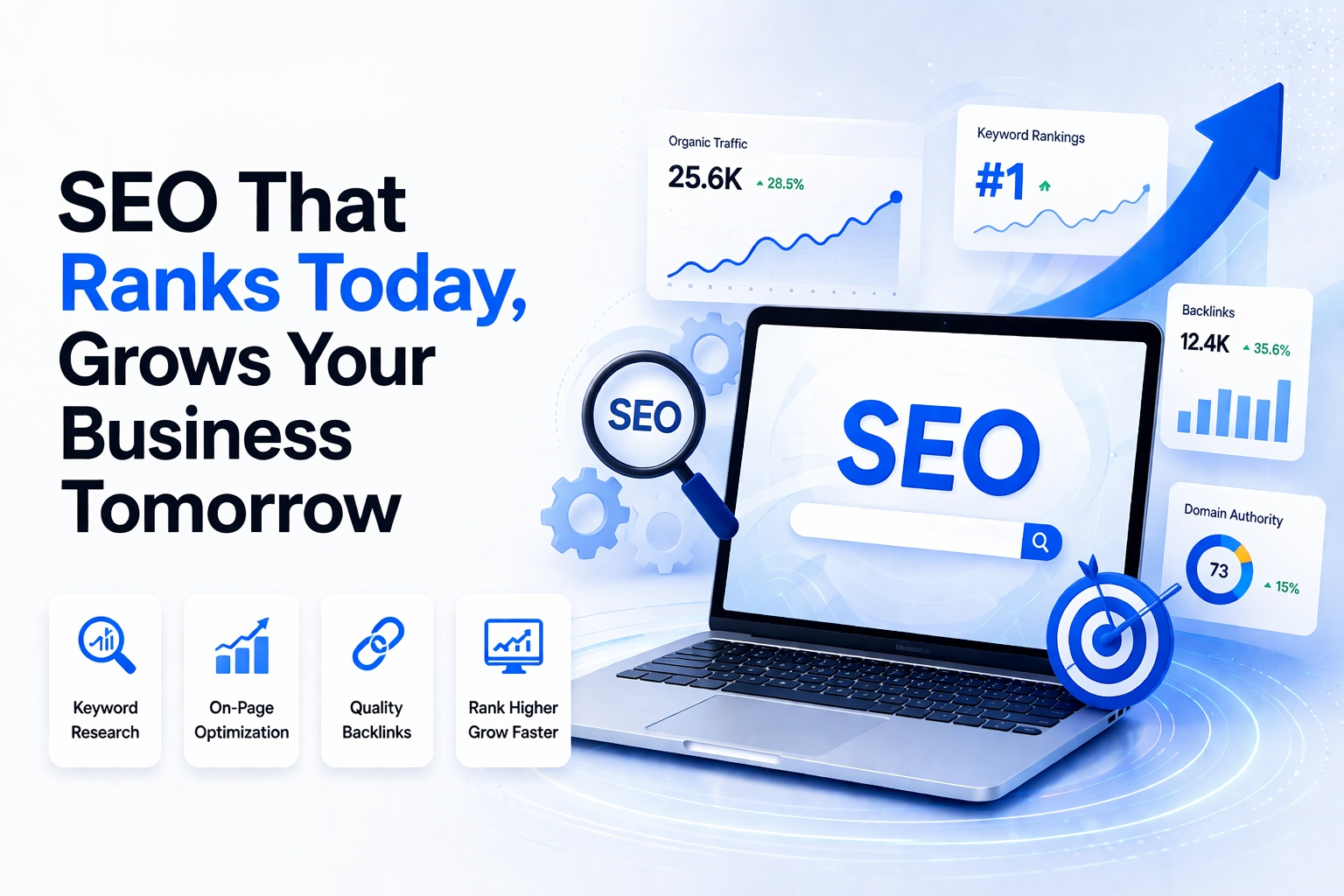 SEO That Ranks Today Grows Your Business Tomorrow — showing #1 keyword rankings and 25.6K organic traffic